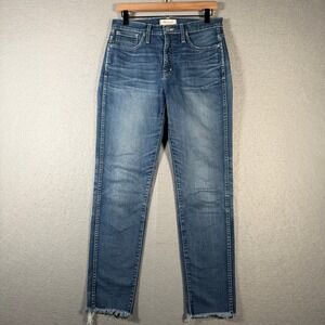 Madewell Slim Straight Jeans Womens Size 29 Medium Wash Frayed Hem Denim